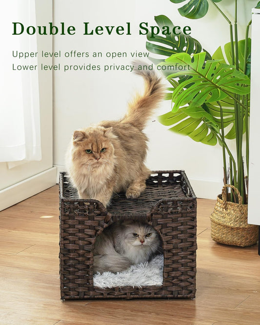 Cat Beds Indoor Kitten House, Handwoven Rattan Cat Cave Pet Cube, Large Cat Houses, One Bed Mat, Foldable, Hideaway, 16.5x16.5x13.2 Inches, 2 S-Shaped Hooks in Living Room Bedroom Brown