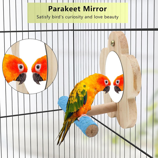 Small Bird Mirror Parrot Swing,Wooden Parakeet Perches Flower Interactive Play Toys for Small Budgies Macaw African Grey Parakeets Lovebird Cockatiel Cage Accessories (S, Wood-1p)