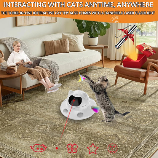 3-in-1 Cat Laser Toy & Interactive Automatic Motion-Activated Kitten Toy β 6 Holes Whack-A-Mole Feather & Moving Ambush Fun β USB Rechargeable, Apply to β Indoor Exercise for Cats of All Breeds