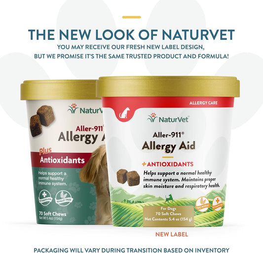 NaturVet Aller-911 Advanced Allergy Aid for Dogs, Cats – Antioxidant-Rich Pet Supplement with Omegas, DHA, EPA – Helps Support Dog Immune System, Cat Respiratory Health, Skin Moisture 70 Soft Chews