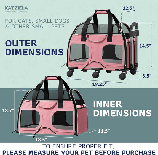 Katziela Pet Carrier - Airline Compliant Dog Carrier - TSA Approved Pet Carrier for Small Dogs and Cats - Soft FAA Travel Airplane Dog Carrier Luggage (Pink/White-6 Wheels)