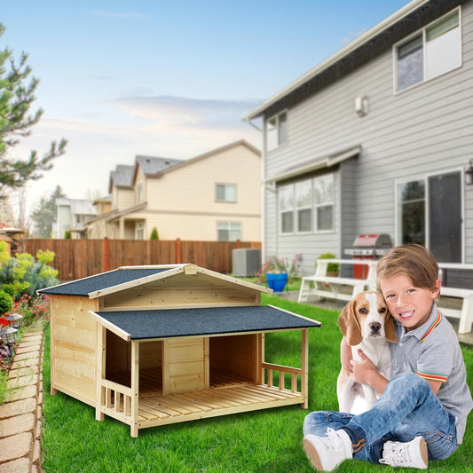 Large Outdoor Wooden Dog House β Weatherproof Double Kennel with Asphalt Roof & Covered Porch, Ideal for Medium to Large Breeds