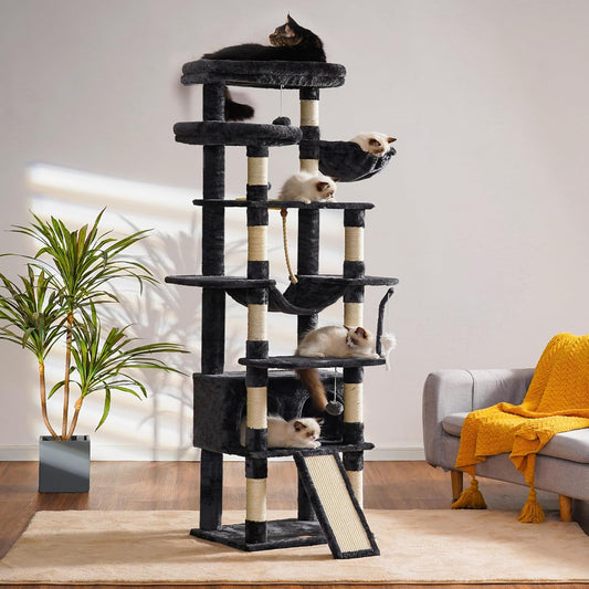 Heybly Tall Cat Tree, 78-inch Multi-Level Cat Tower for Indoor Cats, 2 Widened Plush Perches Cat Condo with Scratching Board and Big Caves, Smoky Gray HCT033G