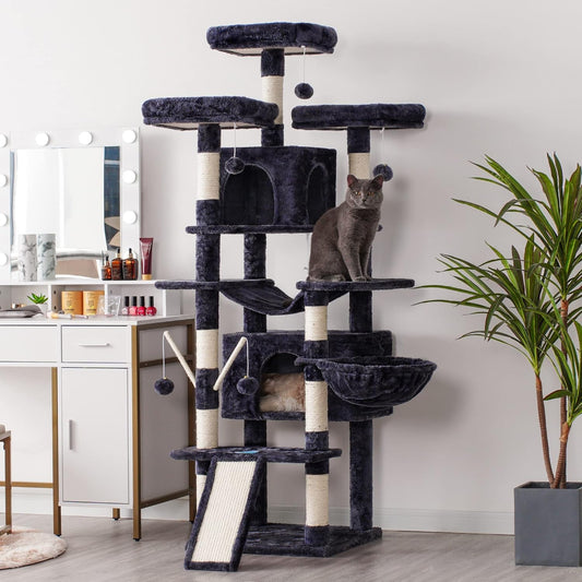 Hey-brother Cat Tree, 71 inches XL Large Cat Tower for Indoor Cats, Multi-Level Cat House with 3 Padded Perches, Big Scratcher, Cozy Basket, 2 Cat Condos and Scratching Posts, Smoky Gray MPJ034G