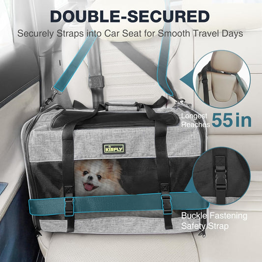 Cat Carrier for 2 Cats/Kitten, Pet Carrier for Cat, Puppy, Small Dog & Bunny, Foldable Soft-Sided Travel Pet Bag, Sturdy Frame Support, up to 25 lbs, Car Seat Belt Compatible, 20x13x13 in, Gray