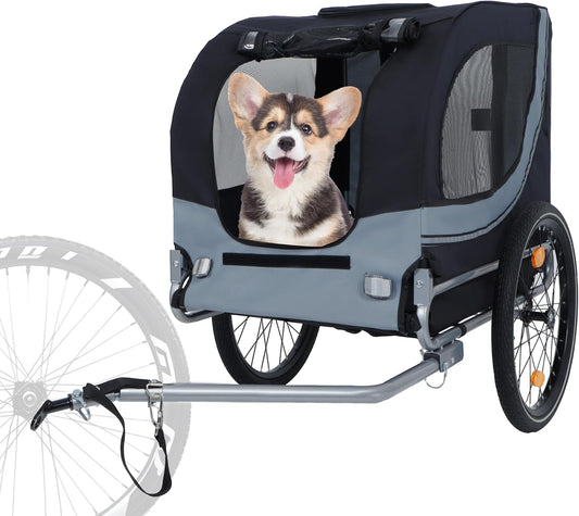 Blue-Grey Large Folding Bike Trailer for Dogs β Heavy-Duty Steel Frame, 66LB Capacity Pet Carrier for All-Terrain Cycling, Jogging & Camping Adventures!