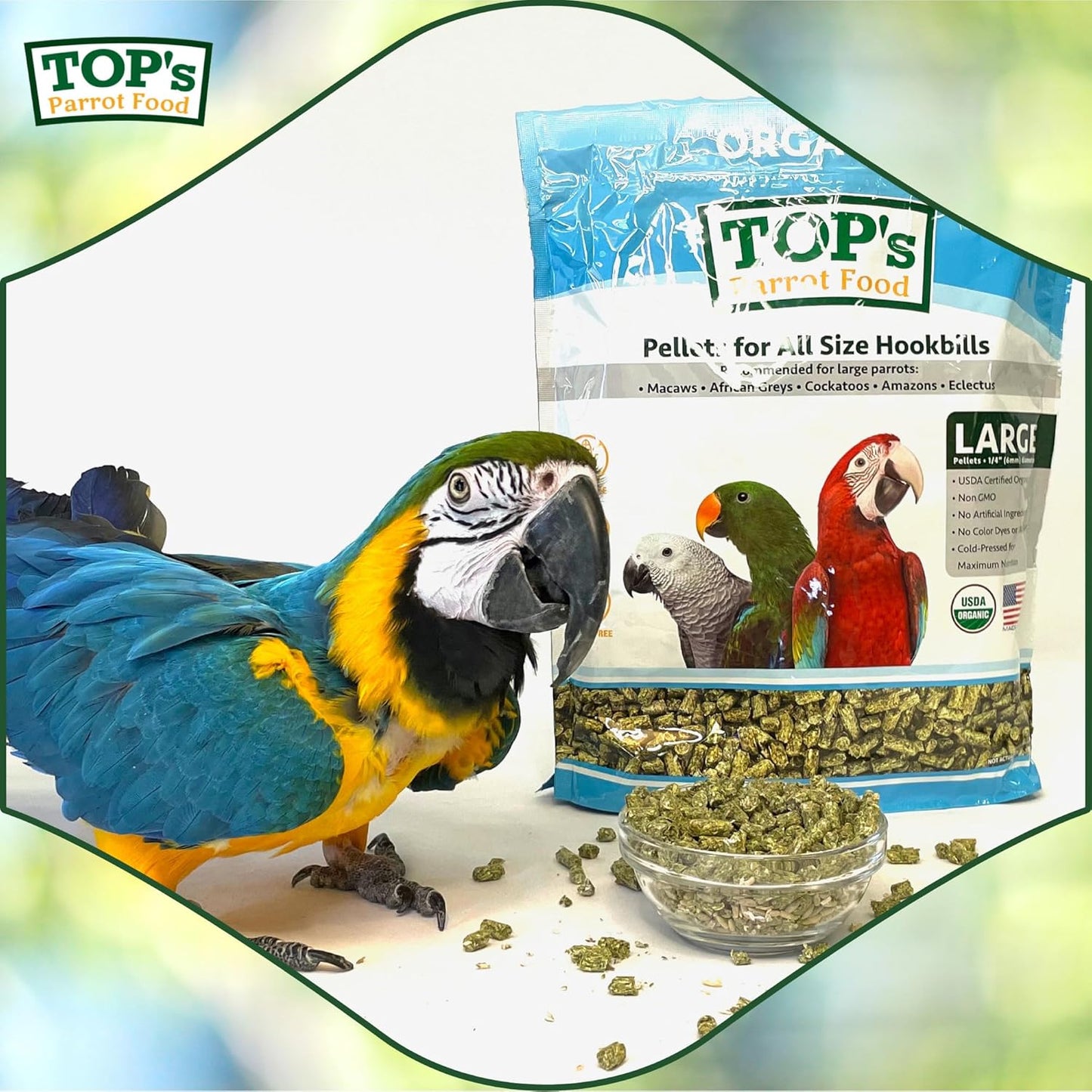TOP's Parrot Food Pellets Hookbills, Small, Medium and Large Parrots - Non-GMO, Peanut Soy & Corn Free, USDA Organic Certified - 4 lb / 1.81 kg