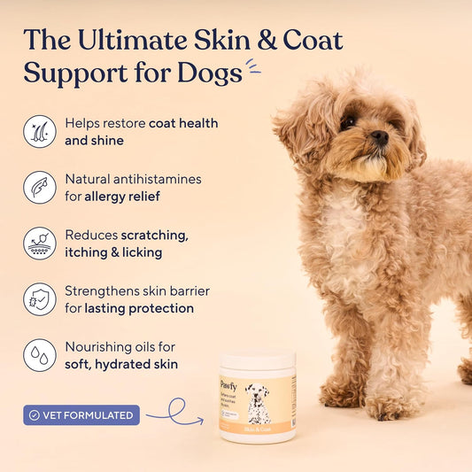 Pawfy Skin & Coat with Salmon Oil - Dog Allergy Relief Chews | Advanced Licking Paws Comfort | Dog Itching Skin Relief & Seasonal Allergies Support - Immune Support & Coat Defense | 30 Chews (Bacon)