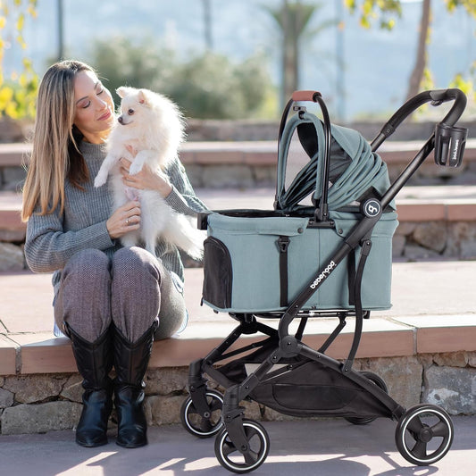 T3 3-in-1 Small Pet Stroller for Dog & Cats, 4 Wheels with Detachable Carrier with Pad, Canopy and Cup Holder (Green)