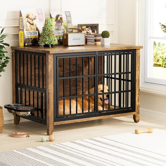 Lulive Wooden Dog Crate Furniture, Large Dog Kennel Indoor with 360Β°& Adjustable Raised Dog Bowls, Double Doors Furniture Dog Crates End Table for Large/Medium Dogs 37.8" L*23.6" W*27" H, Brown