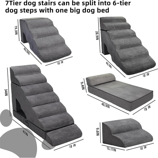 Foam Dog Stairs & Steps Ramps for High Beds 30-36 inches High Tall Large Dogs, LitaiL 7 Step Pet Stairs Steps for High Beds 30 inch Small Dogs, Non-Slip Dog Ramps for Bed