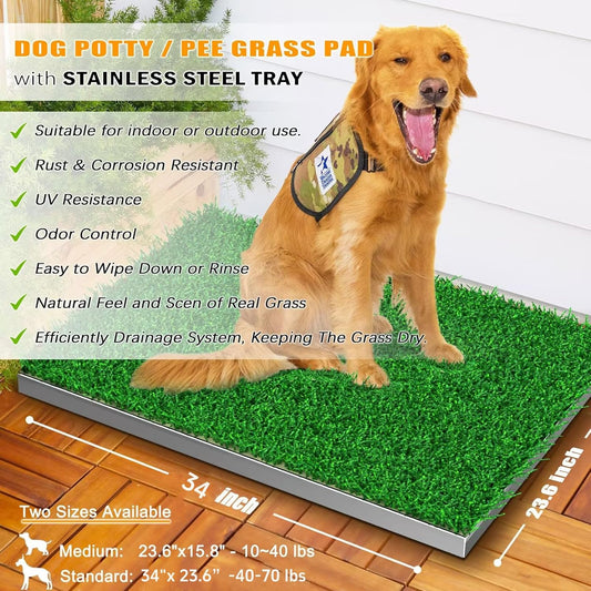Dog Grass Pad with Tray with Stainless Steel,Reusable Large Artificial Turf Grass Potty and Puppy Pee Pads for Dogs, Portable Dog Litter Box for Indoor/Outdoor Potty Training Toilet
