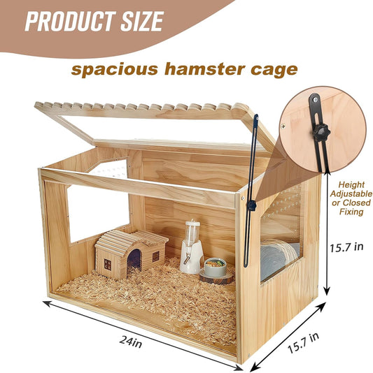 Wooden Hamster Cage, 24" Lx16 Wx16 H,Guinea Pig Cage, Small Animal Cage for Dwarf Syrian Hamsters Degus Mice & Other Small Pets. Hamster Habitat with Openable Top and Large Acrylic Sheets