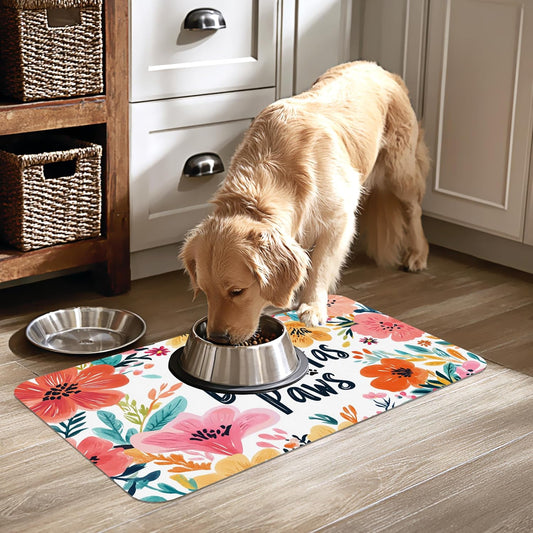 True Love Floral Dog Cat Food Mat-Absorbent Placemat for Food and Water Bowl, Waterproof Non Slip Rubber Backing Dog Food Mats for Floors, Pet Supplies 16 * 24 inch