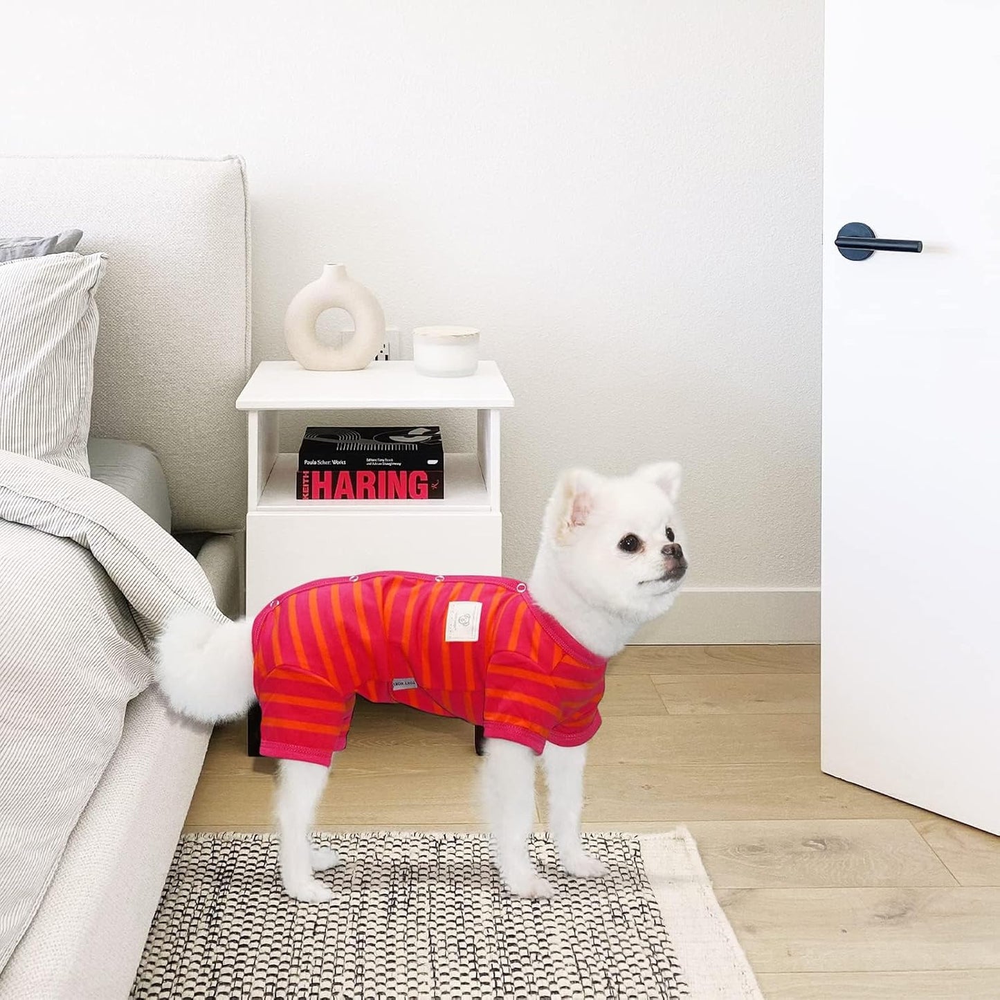 TONY HOBY Dog Pajamas, Female/Male Dog 4 Legged Pajamas, Soft Cotton Dogs Jumpsuit with Stripes (Rose Red&Orange, Girl, L)