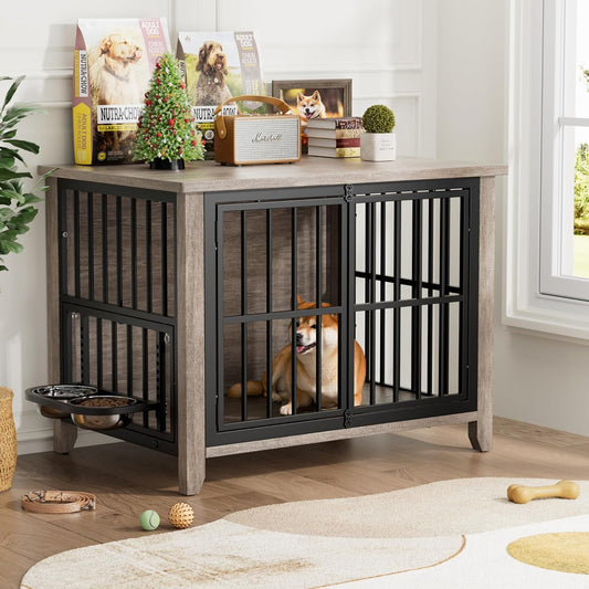 Lulive Dog Crate Furniture, Wooden Dog Kennel Indoor with Adjustable 360Β°& Height Dog Bowls, Double Doors Furniture Dog Crates End Table for Small/Medium 31.5" L*22.5" W*25.6" H, Grey