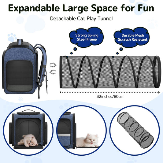 Pawtners Cat Carrier Backpacks Expandable Pet Backpack with Breathable Mesh, Pet Carrier Backpack for Cats Small Dogs Puppies Up to 18 Lbs, Dog Carrier Backpack for Travel Hiking Camping Outdoor Blue