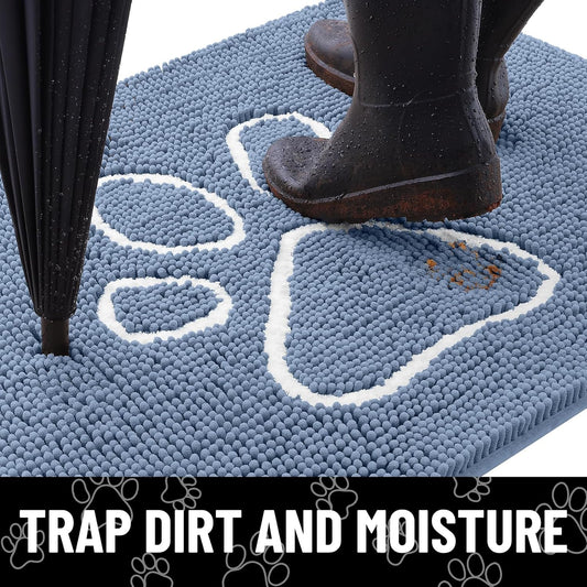 Smiry Dog Door Mat for Muddy Paws, Absorbent Dirt Trapper Non Slip Quick Dry Washable Chenille Mat for Mud Dogs, Entry Rug for Indoor and Outdoor (48x30 Inches, Airy Blue and White)