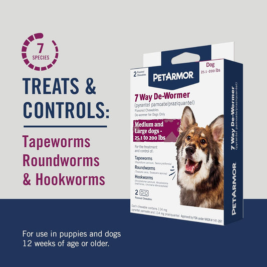 PetArmor 7 Way De-Wormer for Dogs, Oral Treatment for Tapeworm, Roundworm & Hookworm in Large Dogs & Puppies (Over 25 lbs), Worm Remover (Praziquantel & Pyrantel Pamoate), 2 Flavored Chewables