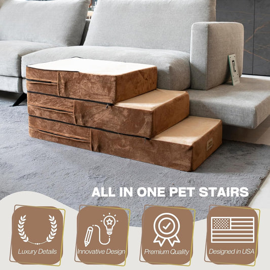 All-in-One Adjustable Dog Stairs β 5-Step Premium Pet Ramp for Small to Large Dogs β Sturdy, Non-Slip & Versatile for Beds, Sofas & More - Soft Cover, Modern Design (Brown)