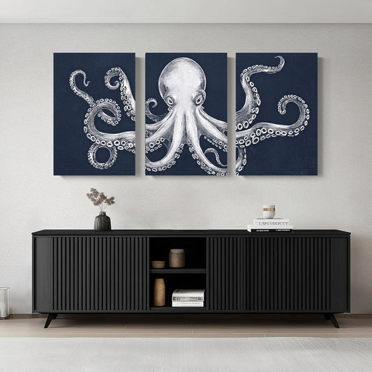 Octopus Wall Decor, Octopus Canvas Wall Art, Ocean Wall Decor,Sea Animal Canvas to Paint for Bathroom, Living Room, Bedroom (16" x 24" x 3 pcs)