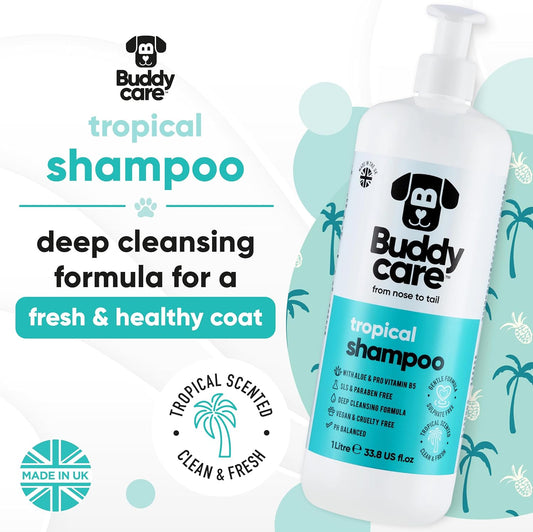 Tropical Dog Shampoo by Buddycare | Deep Cleansing Shampoo for Dogs | Tropical Scented | with Aloe Vera and Pro Vitamin B5 (33.8oz)