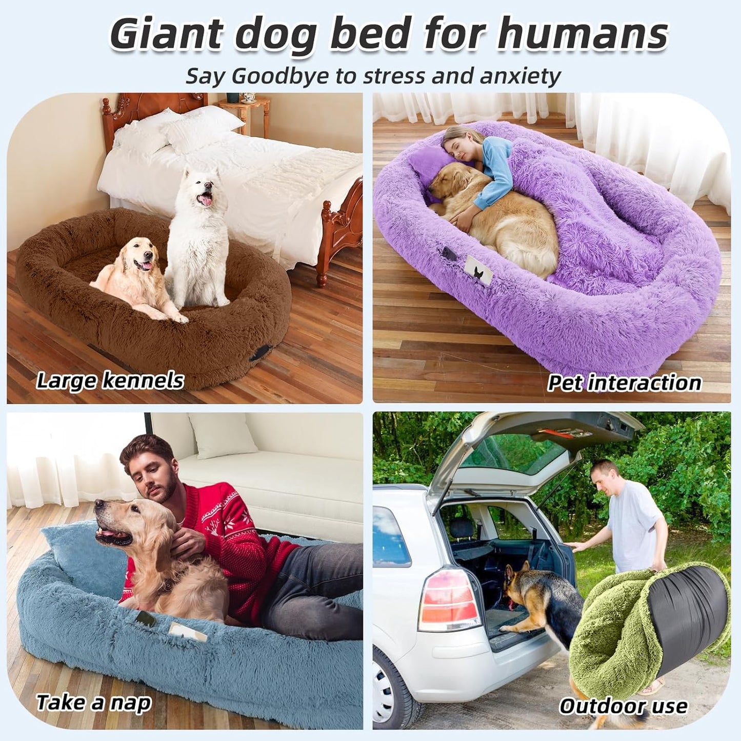 Human Dog Bed, 71''x45''x12'' Size Fits You and Pets, Washable Faux Fur Pet Bed for People Doze Off, Napping Orthopedic Dog Bed, Present Plump Pillow, Blanket, Strap - OrangeWhite