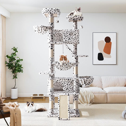 Allewie 81 Inches Tall Cat Tree/Multi-Level Large Climbing Tree House and Towers for Big Feline/Condo and Hammock/Scratching Post/Wide Base/White & Black Spot