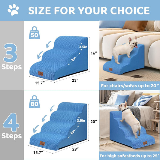 Dog Ramp and Stair for Bed 16" H-20 H,3-Step Cat Stair for Sofa and Chair,4-Step Dog Ramp for High Bed and Window,Durable Nonslip Fabric Cover for Indoor (Blue-16βH, Pet Friendly, 3)