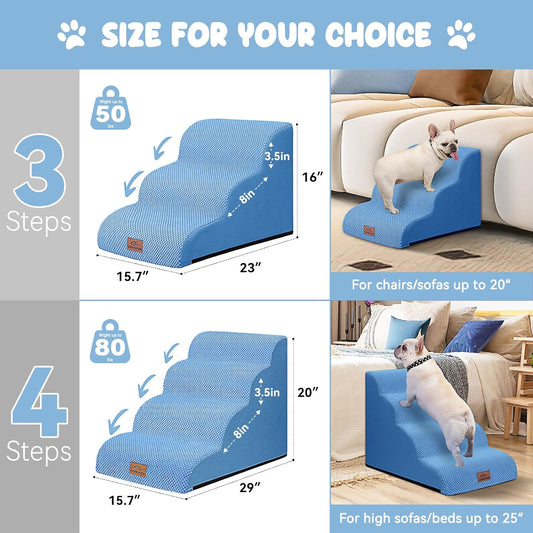 Dog Ramp and Stair for Bed 16" H-20 H,3-Step Cat Stair for Sofa and Chair,4-Step Dog Ramp for High Bed and Window,Durable Nonslip Fabric Cover for Indoor (Blue-20βH, Pet Friendly, 4)