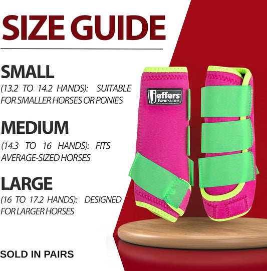 Jeffers Expression Neon Horse Boots 1 Pair β Pink & Lime, Breathable Neoprene with Secure Strap Closures, Durable Premium Protection for Jump Training & Trail Riding β Front & Hind, Large Size