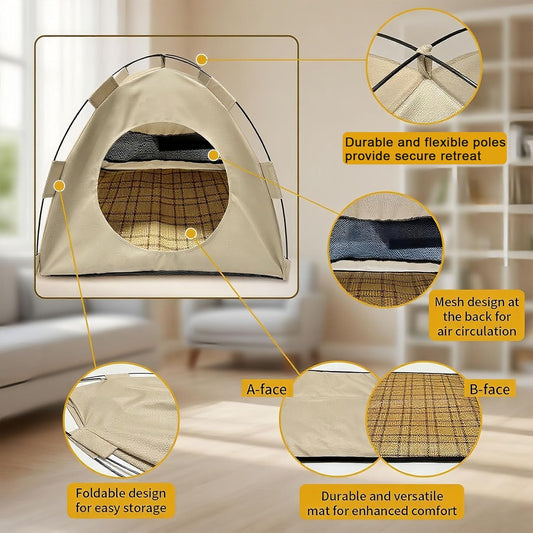 BreezyDen Pop-Up Pet Tent β Portable Hideaway for Cats & Small Dogs, Portable Indoor/Outdoor Pet Tent House with Mesh Window, Waterproof, Breathable, Scratch-Resistant, Fully Washable (Beige,M)