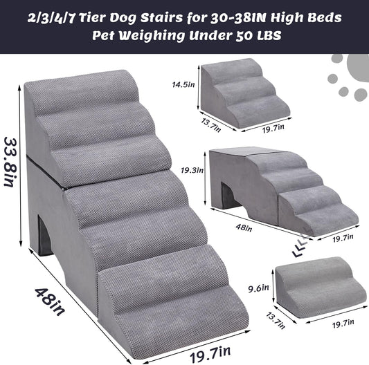 Dog Stair Steps for High Beds 36 inches Tall, 33D Foam Dog Ramp for Bed 32 inches, 7-Step Pet Stair Steps for Small Large Dogs for Bed Climbing, Non-Slip Dog Steps for Older Dogs/Cats, Grey