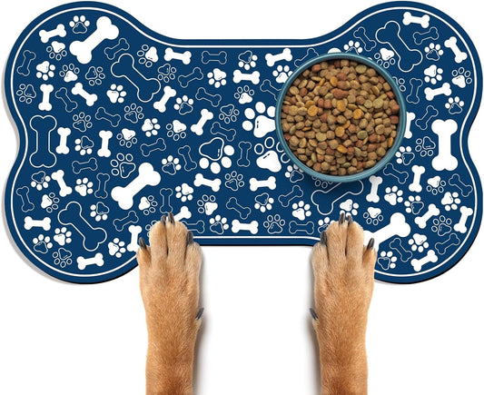 Dog & Cat Food Mat Bone Shaped Pet Feeding Mat Quick Absorb Water Bowl Placemat with Rubber Backing Indoor Floor Stain Resistant Pet Accessory Supplies (Blue, 17x29 Inches)