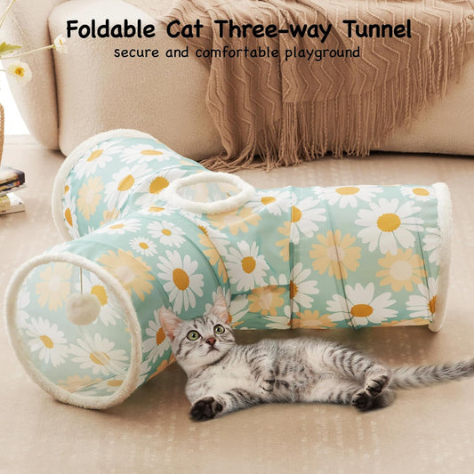 Tempcore Pet Cat Tunnel Tube Cat Toys 3 Way Collapsible, Cat Tunnels for Indoor Cats,Kitty Tunnel Bored Pet Toys Peek Hole Toy Ball Puppy, Kitty, Kitten, Rabbit Daisy Green Printed