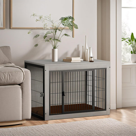 Bigrab Dog Crate Furinture with Thick Cushion, Side End Table Wooden Dog Cage with Double Doors, Chew-Resistant Dog Kennel Dog House Indoor for Small to Large Dog, L (Grey)