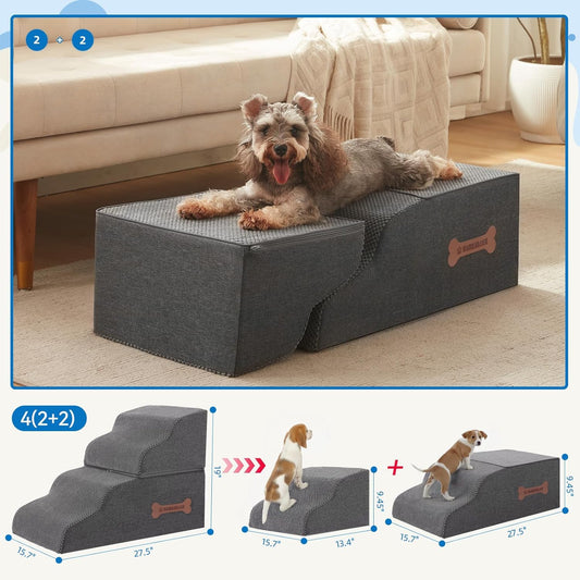 Dog Stairs 4 Steps for Small Dogs and Cats to Get on High Beds, Couch or Car, Pets Can Climb, Sit, Lie Down or Perch to Look Out Windows on The Spliceable Ramp, Provides Support, Grey(19" H)