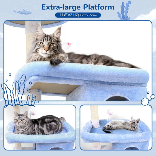 Globlazer Heavy Duty Cat Trees for Large Cats, Sturdy 72in Maine Coon Cat Tree for Large Cats 20 lbs+ Heavy Duty Cat Tower for Adult Biggest Cat with 6 Scratching Posts, Hammock, S72, Ocean Blue