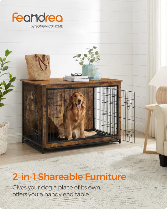 Feandrea Dog Crate Furniture, 44.1" Side End Table, Modern Kennel for Dogs Indoor up to 80 lb, Heavy-Duty Dog Cage with Multi-Purpose Removable Tray, Double-Door Dog House, Rustic Brown UPFC004X01