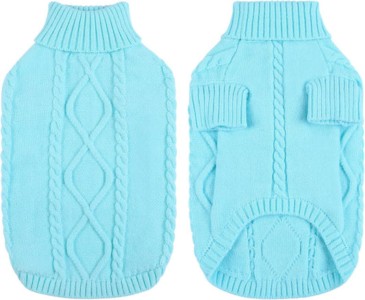 Queenmore Small Dog Pullover Sweater, Cold Weather Cable Knitwear, Classic Turtleneck Thick Warm Clothes for Chihuahua, Bulldog, Dachshund, Pug (Sky Blue, Small)