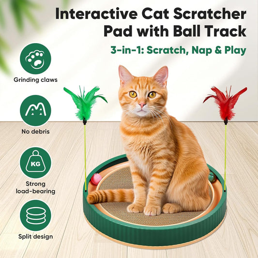 20-Inch Round Cat Scratcher with Ball Track β 3-in-1 Cardboard Scratching Pad with Feather Toy & Non-Slip Base β Interactive Cat Toy for Indoor Cats, Kittens & Large Cats (Green)