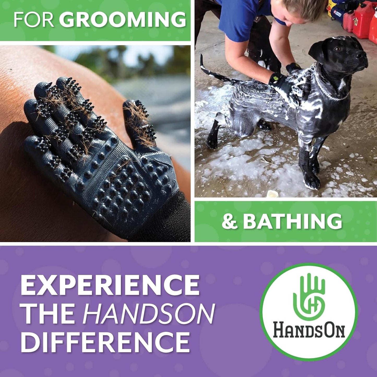H HandsOn Pet Grooming Gloves - Patented #1 Ranked, Award Winning Shedding, Bathing, & Hair Remover Gloves - Gentle Brush for Cats, Dogs, and Horses (Black, Medium)