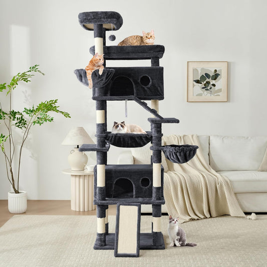 Cat Tree, 80-Inch Large Cat Tower with 9 Scratching Posts, 2 Perches, 2 Caves, 2 Basket, 2 Stairs, Extra Large Hammock, Pompoms, Multi-Level Plush Cat Condo for Indoor Cats/Smoky Grey