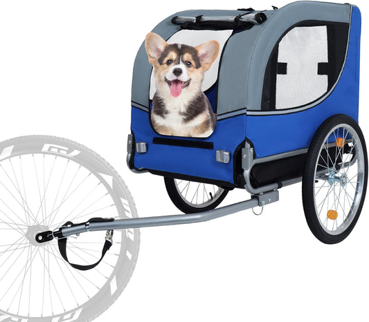 Blue-Grey Large Folding Bike Trailer for Dogs β Heavy-Duty Steel Frame, 66LB Capacity Pet Carrier for All-Terrain Cycling, Jogging & Camping Adventures!