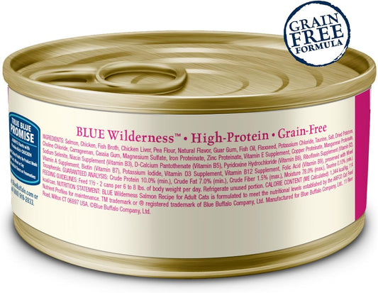 Blue Buffalo Wilderness Natural High-Protein Grain-Free Wet Food for Adult Cats, Salmon PatƩ, 3-oz. Cans, 24 Count