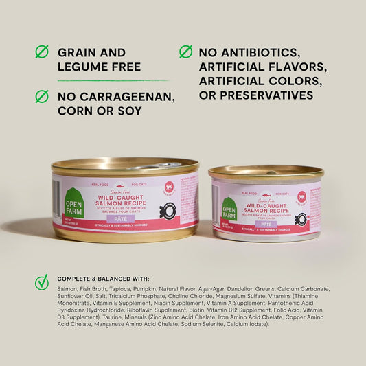 Open Farm Canned Cat Food, Paté for Complete & Balanced Nutrition, Grain-Free and Legume-Free Wet Cat Food, Salmon Recipe, 2.8oz Cans (Case of 18)