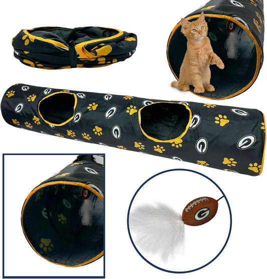 NFL Green Bay Packers Cat Tunnel Tube Toy with Plush Football Catnip and Feathers Collapsible Tunnel for Cats to Play, Peek and Hide, Sporty & Fun Cat Tunnel Toy with Team Logo All-Over Design!