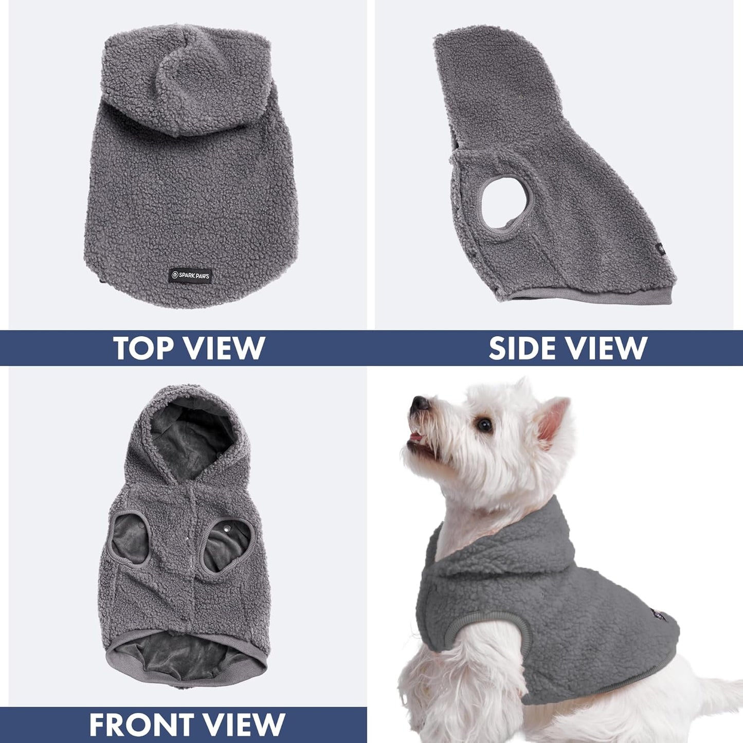 Spark Paws Teddy Dog Sweater, Sherpa Jacket Vest with Warm Fleece Lining, Winter Coat Suitable for Small Medium Large XL XXL Breeds - Grey - L
