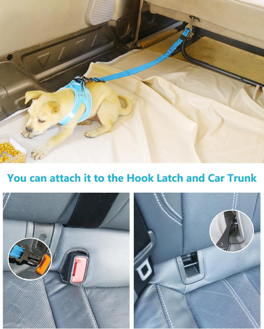 AUBELL Dog Seat Belt for Car,2 Pack Set 3-in-1 Adjustable Reflective Bungee Heavy Duty Dog Car Harness Tether with Clip Hook Latch & Buckle,Swivel Zinc Alloy Carabiner,Black+Blue