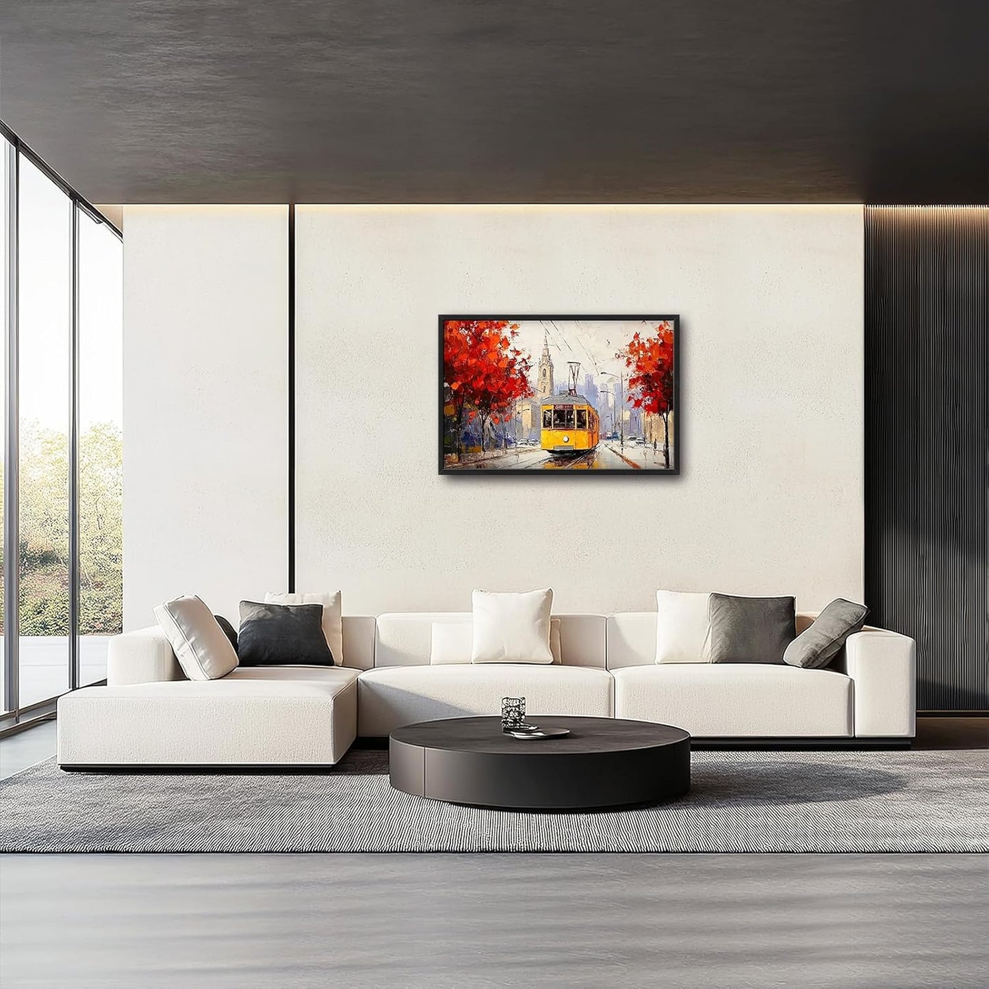 Large Cityscape Wall Art for Living Room, Framed Oversized Urban Tram Wall Decor Tree Landscape Canvas Painting Modern Artwork for Living Room Bathroom Bedroom Office Dining Room 36"x24"